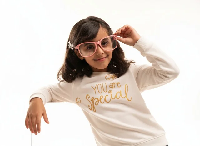 Saudi Girl in Pink Glasses on White Background