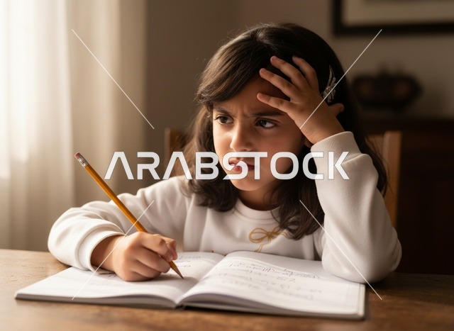 طفلة عربية تدرس في المنزل بملامح تعبيرية عن التركيز