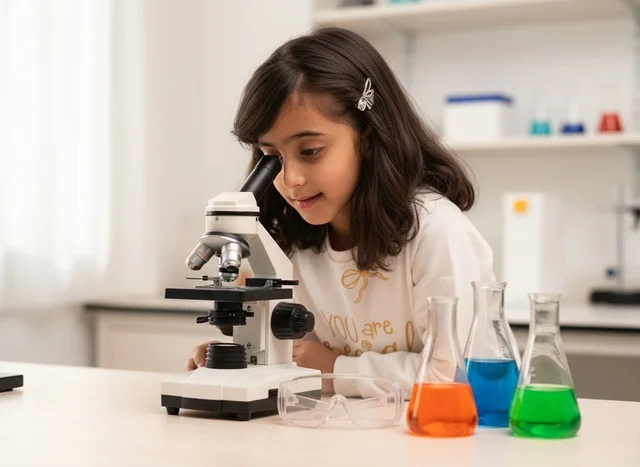 Arab Girl Using Microscope in Science Lab