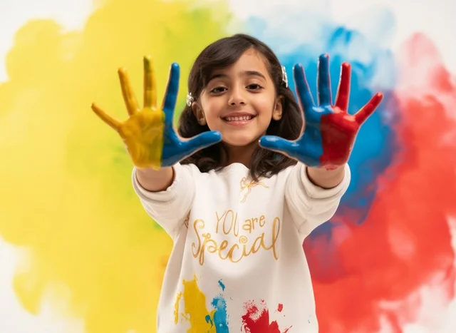 Saudi Girl with Colorful Painted Hands in Art Studio