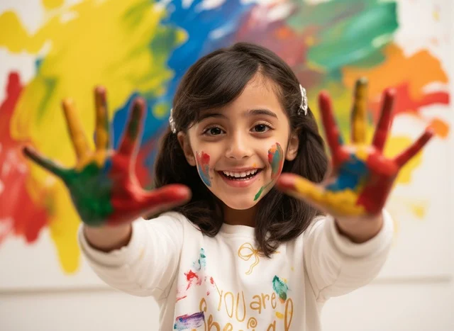 Arab Girl with Colorful Paint on Hands and Face