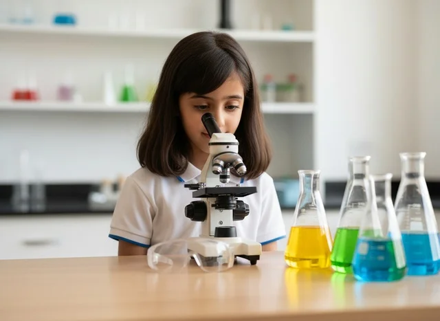 Arab Student Using Microscope in School Science Lab