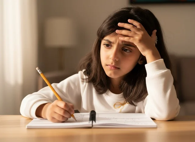 Saudi Girl Studying with Frustrated Expression