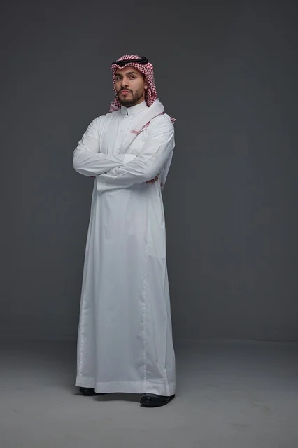 Saudi Man in Traditional Dress on Gray Background