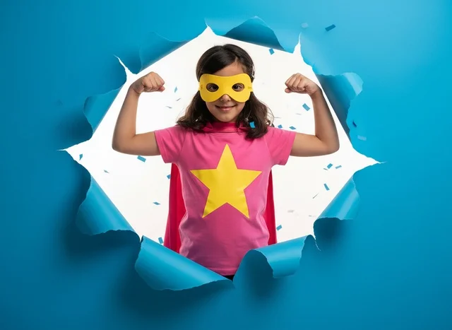 Young Arab Girl in Superhero Costume Showing Strength