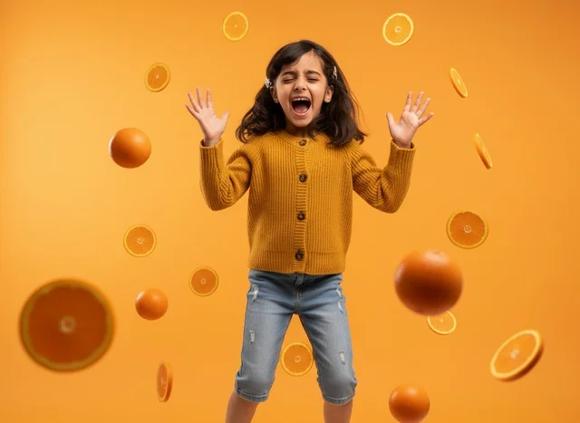 Saudi Girl Jumping with Oranges on Orange Background