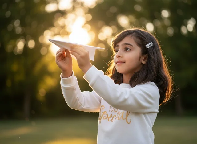 Arab Girl with Paper Airplane at Sunset in a Park