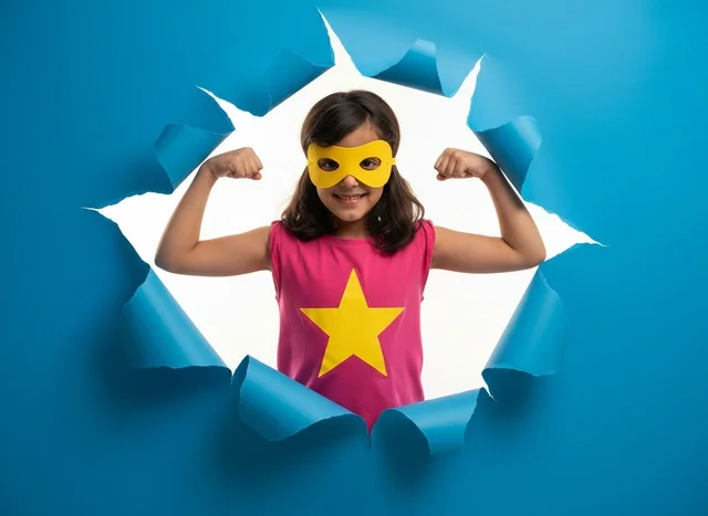 Saudi Girl in Superhero Costume Flexing Muscles Studio