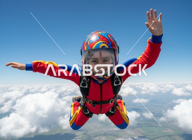 Arabic Girl Skydiving Above Clouds in Red Flight Suit