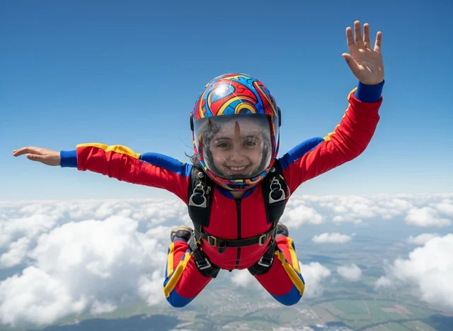 Arabic Girl Skydiving Above Clouds in Red Flight Suit