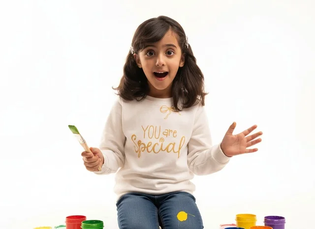 Excited Saudi Girl Painting on White Background