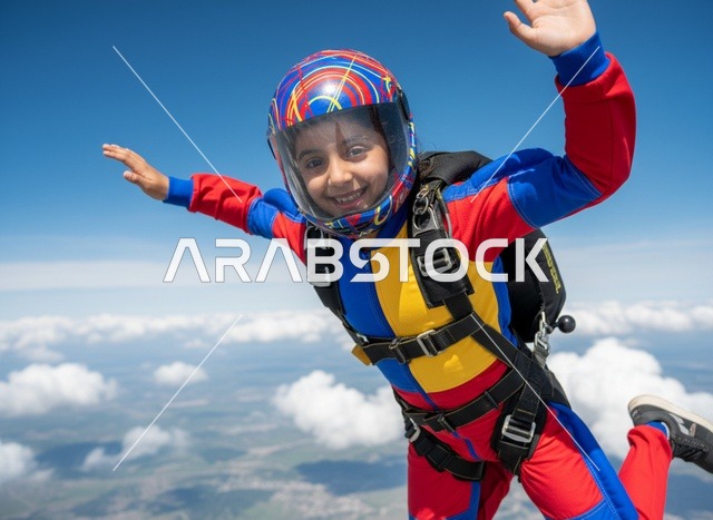 Arabic Child Skydiver Skydiving in Blue Sky Clouds