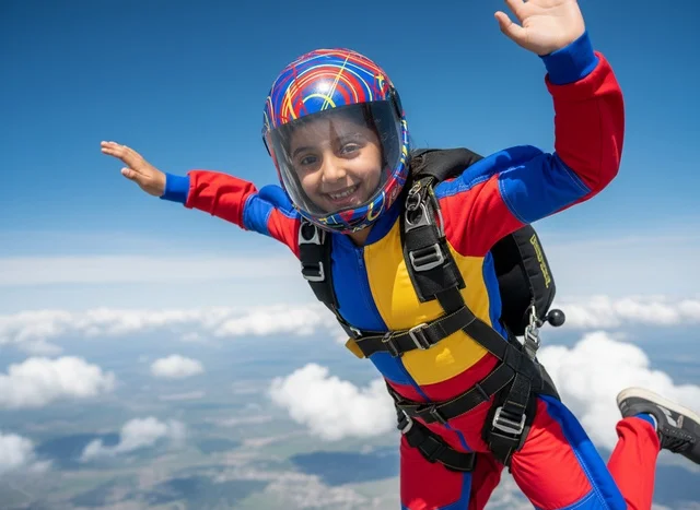 Arabic Child Skydiver Skydiving in Blue Sky Clouds