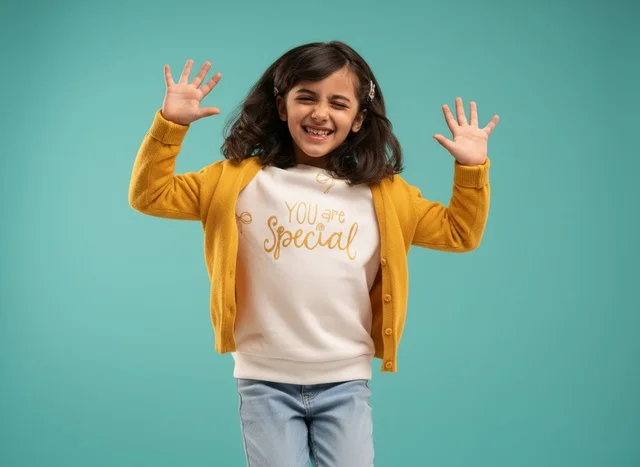 Young Arab Girl Smiling in Studio with Teal Background