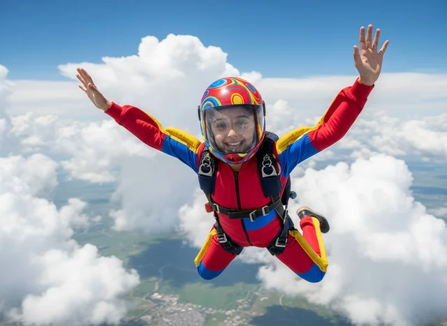 Saudi Woman Skydiving High Above White Clouds Daylight