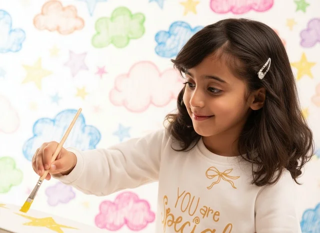 Saudi Girl Painting Yellow Star in Art Class