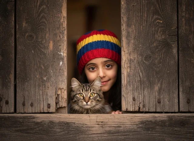 Arab Girl and Cat Peeking Through Wooden Window