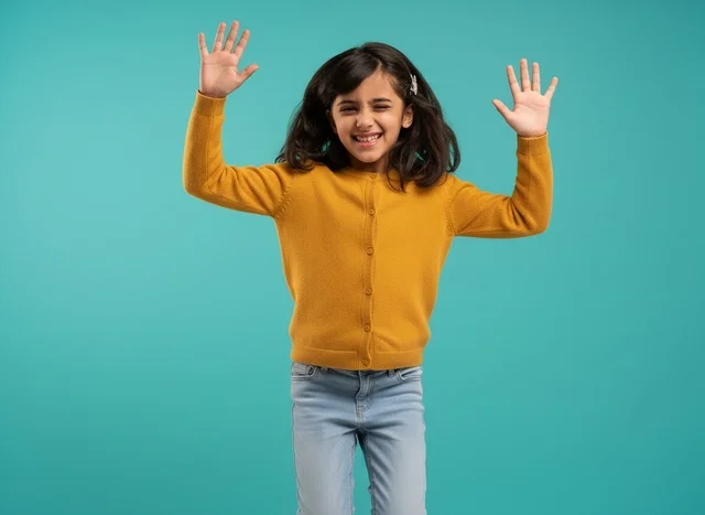 Happy Arab Girl in Yellow Sweater on Turquoise Background