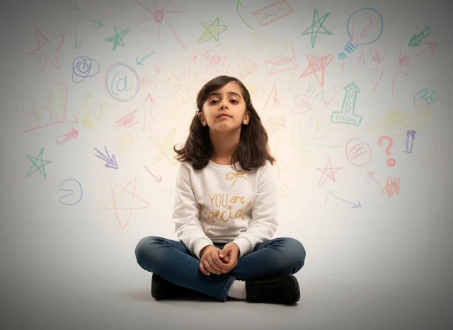Arab Girl Sitting in Front of Creative Drawings Background