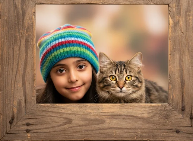 Arab Girl and Pet Cat in Wooden Picture Frame
