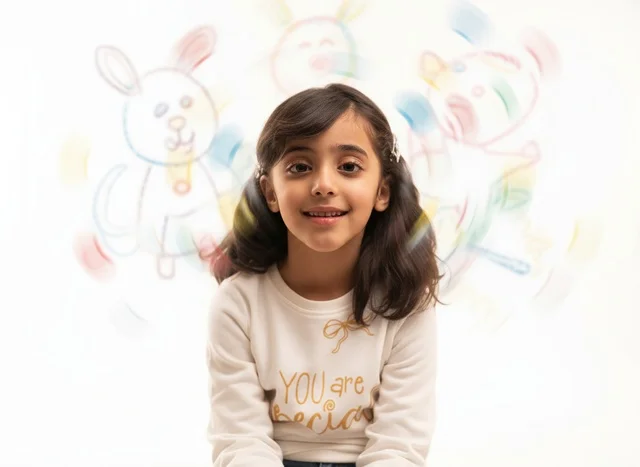 Smiling Saudi Girl with Colorful Animal Drawings