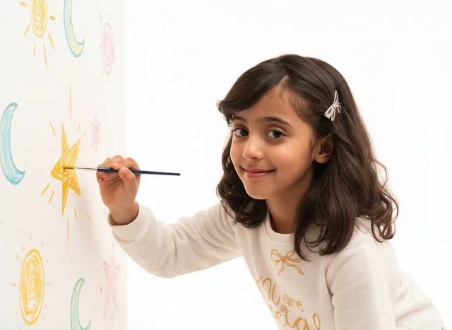طفلة سعودية ترسم نجمة صفراء على جدار أبيض