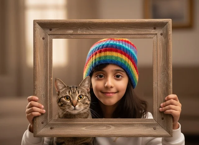 Arabic Girl with Pet Cat in Wooden Picture Frame