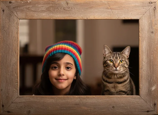Arab Girl and Domestic Cat in Rustic Wood Frame