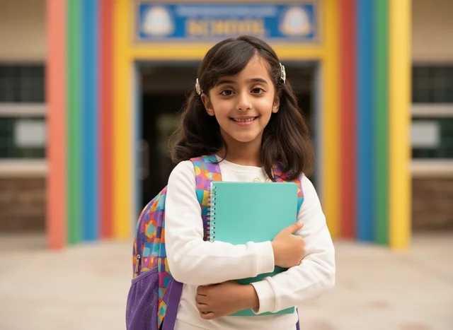 Saudi Girl Holding Notebook at Colorful School Entrance
