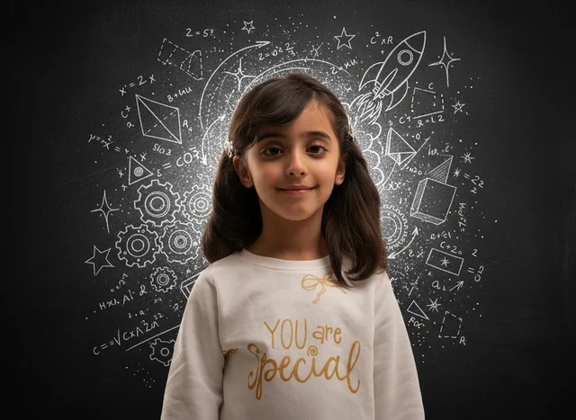 Saudi Girl Standing in Front of Science Blackboard