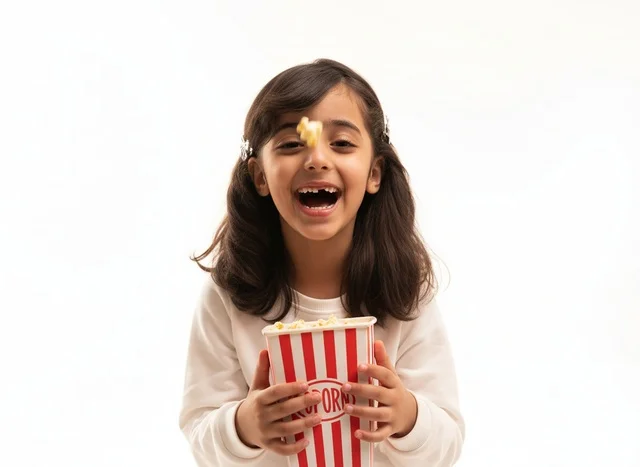 Saudi Girl Laughing with Popcorn on White Background