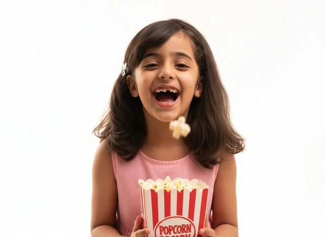 A Saudi girl laughing with a box of popcorn against a white background.