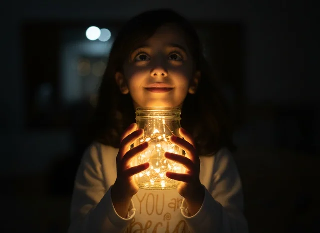Saudi Girl Holding Glowing Jar of Lights in Dark