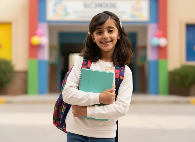 Saudi School Girl Holding Notebook at School Entrance