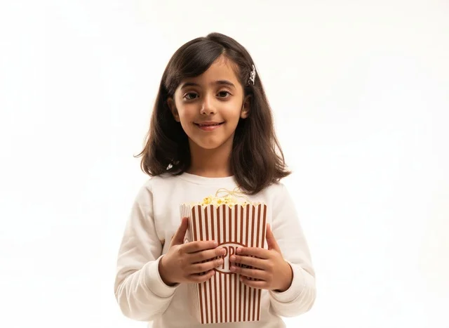 Saudi Girl Holding Popcorn Box on White Background