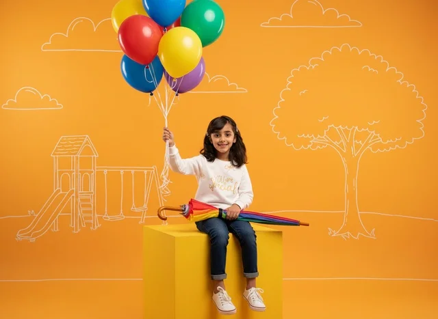 Saudi Girl with Balloons and Umbrella on Orange Background