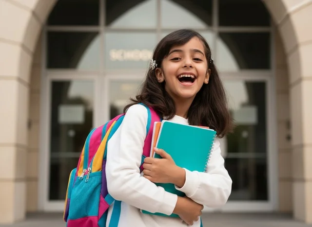 A Saudi girl holding a notebook in front of the entrance of a colorful school.