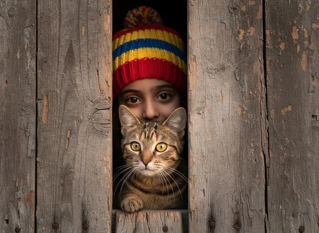 An Arab girl and a cat are looking out from a rural wooden window.
