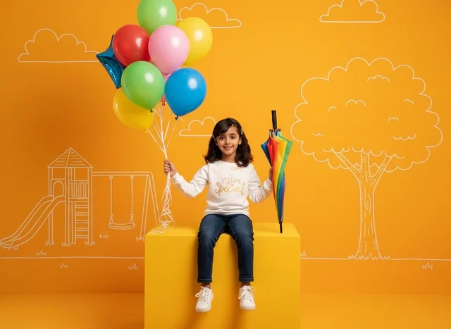Arab Girl with Balloons and Umbrella on Yellow Background