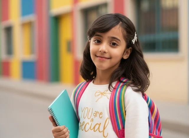 Arab Schoolgirl with Backpack and Notebook Smiling