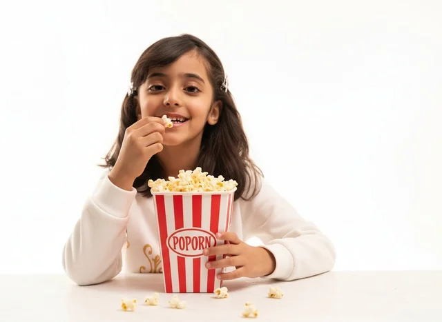 Saudi Girl Eating Popcorn on White Background