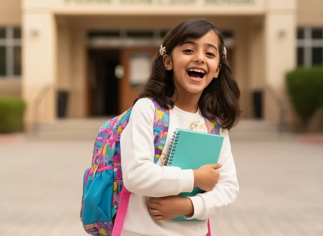 Saudi Girl Student with Backpack at School Campus