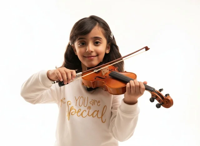 Saudi Girl Playing Violin on White Background