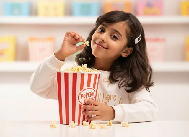 Saudi Girl Eating Popcorn from Striped Container