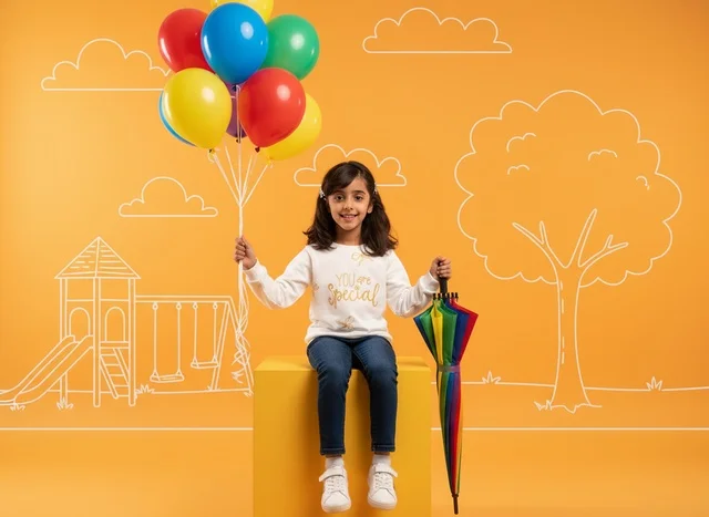 Saudi Girl with Colorful Balloons and Umbrella in Studio