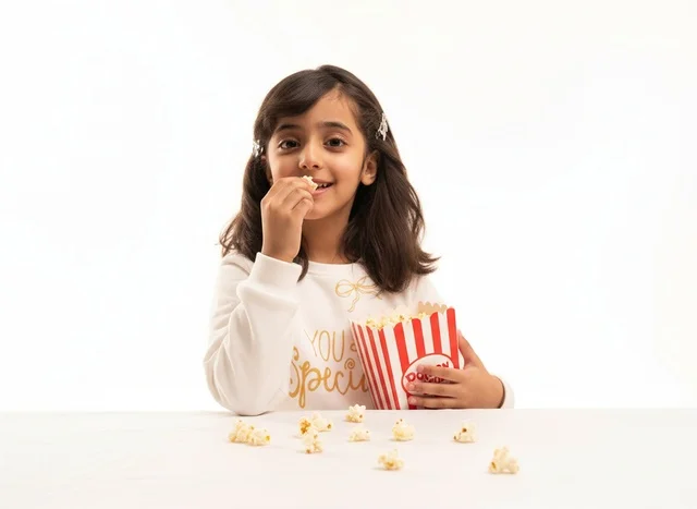 Saudi Girl Eating Popcorn in White Studio Background