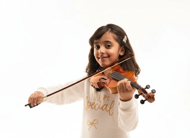 A Saudi girl plays the violin in the studio.