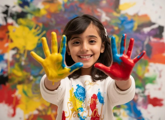 Arab Girl with Colorful Paint Hands in Art Class