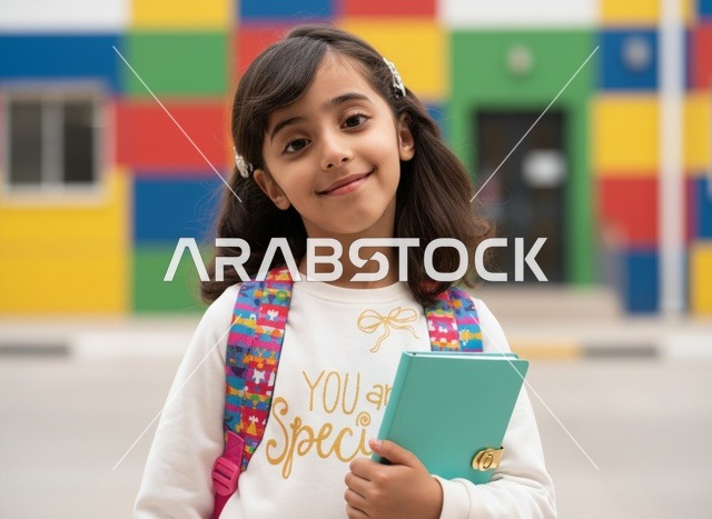 طالبة سعودية مع حقيبة مدرسة ودفتر ملاحظات أمام المدرسة