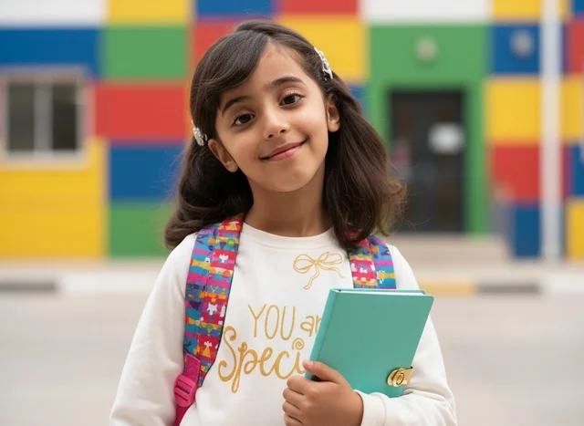 Saudi School Girl with Backpack and Notebook Outdoors